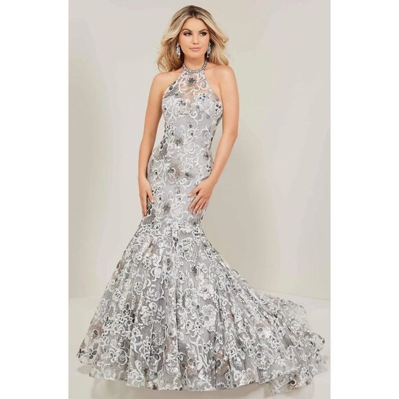 Tiffany Designs Silver Floral Sequin Formal Gown $665 NEW - Picture 1 of 12
